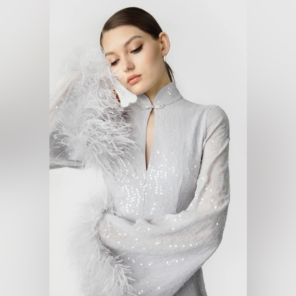 Sau Lee Bianca Mini Sequin and Feather Dress in Silver - Picture 3 of 14